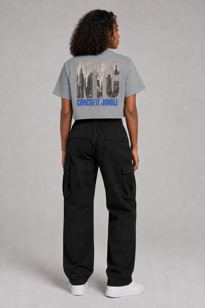 New York City Skyline Women’s Crop T-Shirt in Light Gray, full-body back-view women's studio model photo | City 2 City Wear
