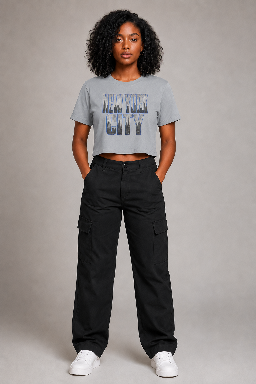 New York City Skyline Women’s Crop T-Shirt in Light Gray, full-body front-view women's studio model photo | City 2 City Wear