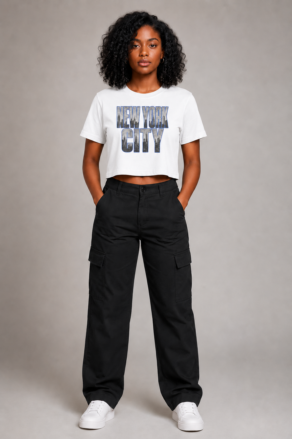 New York City Skyline Women’s Crop T-Shirt in White, full-body front-view women's studio model photo | City 2 City Wear
