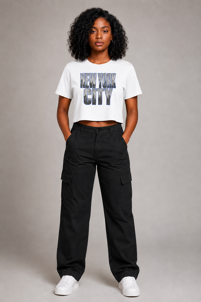 New York City Skyline Women’s Crop T-Shirt in White, full-body front-view women's studio model photo | City 2 City Wear