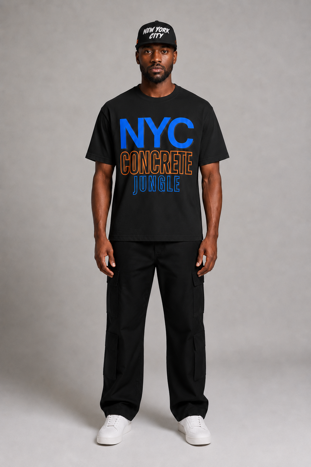New York City Concrete Jungle Black Embroidered Snapback Hat — full-body New York streetwear model wearing black flat-brim hat with white NEW YORK CITY embroidery | City 2 City Wear