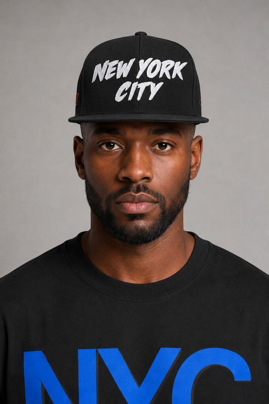 New York City Concrete Jungle Black Embroidered Snapback Hat — close-up model portrait showing white NEW YORK CITY front embroidery and black flat brim | City 2 City Wear