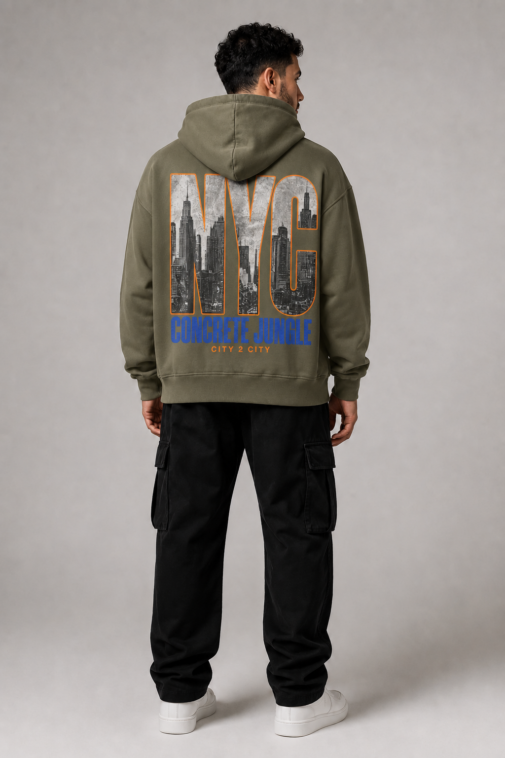 New York City Concrete Jungle Skyline 440 GSM Oversized Hoodie, Carbon Gray back-view full-body men's model photo | City 2 City Wear