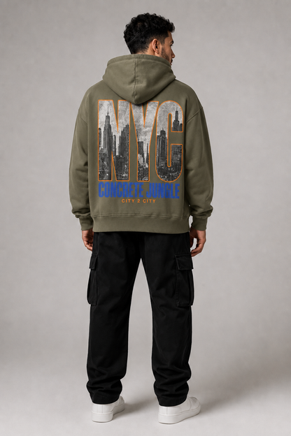 New York City Concrete Jungle Skyline 440 GSM Oversized Hoodie, Carbon Gray back-view full-body men's model photo | City 2 City Wear