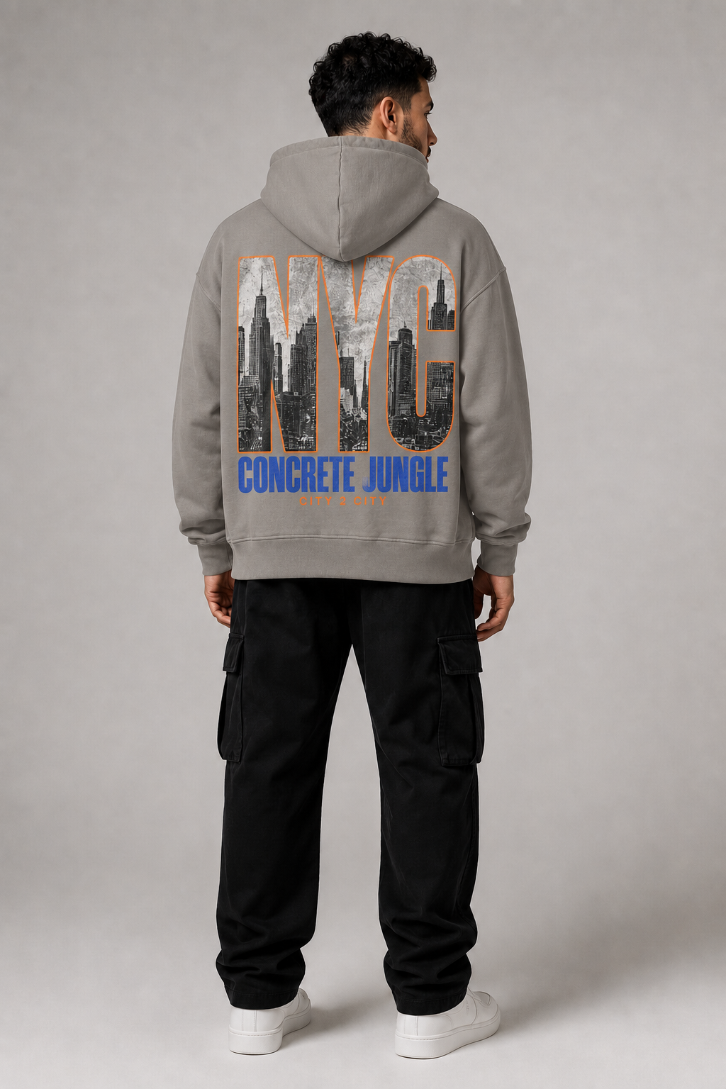 New York City Concrete Jungle Skyline 440 GSM Oversized Hoodie, Friar Gray back-view full-body men's model photo | City 2 City Wear