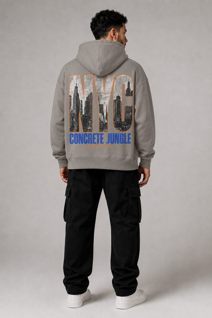 New York City Concrete Jungle Skyline 440 GSM Oversized Hoodie, Friar Gray back-view full-body men's model photo | City 2 City Wear