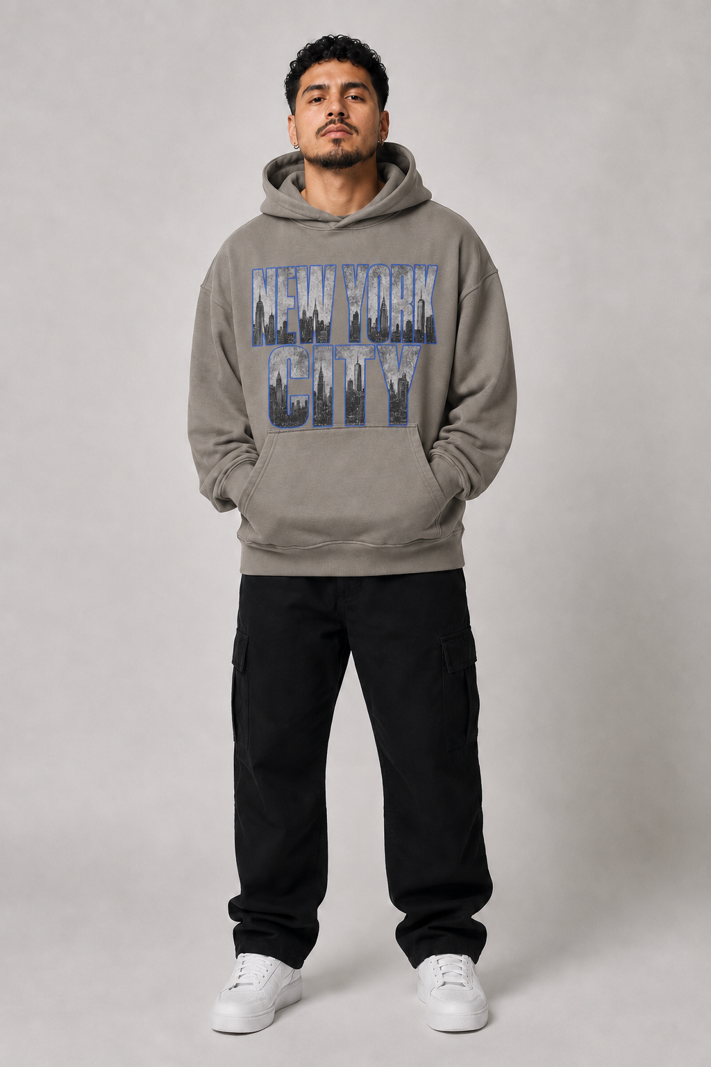 New York City Concrete Jungle Skyline 440 GSM Oversized Hoodie, Friar Gray front-view full-body men's studio model photo | City 2 City Wear