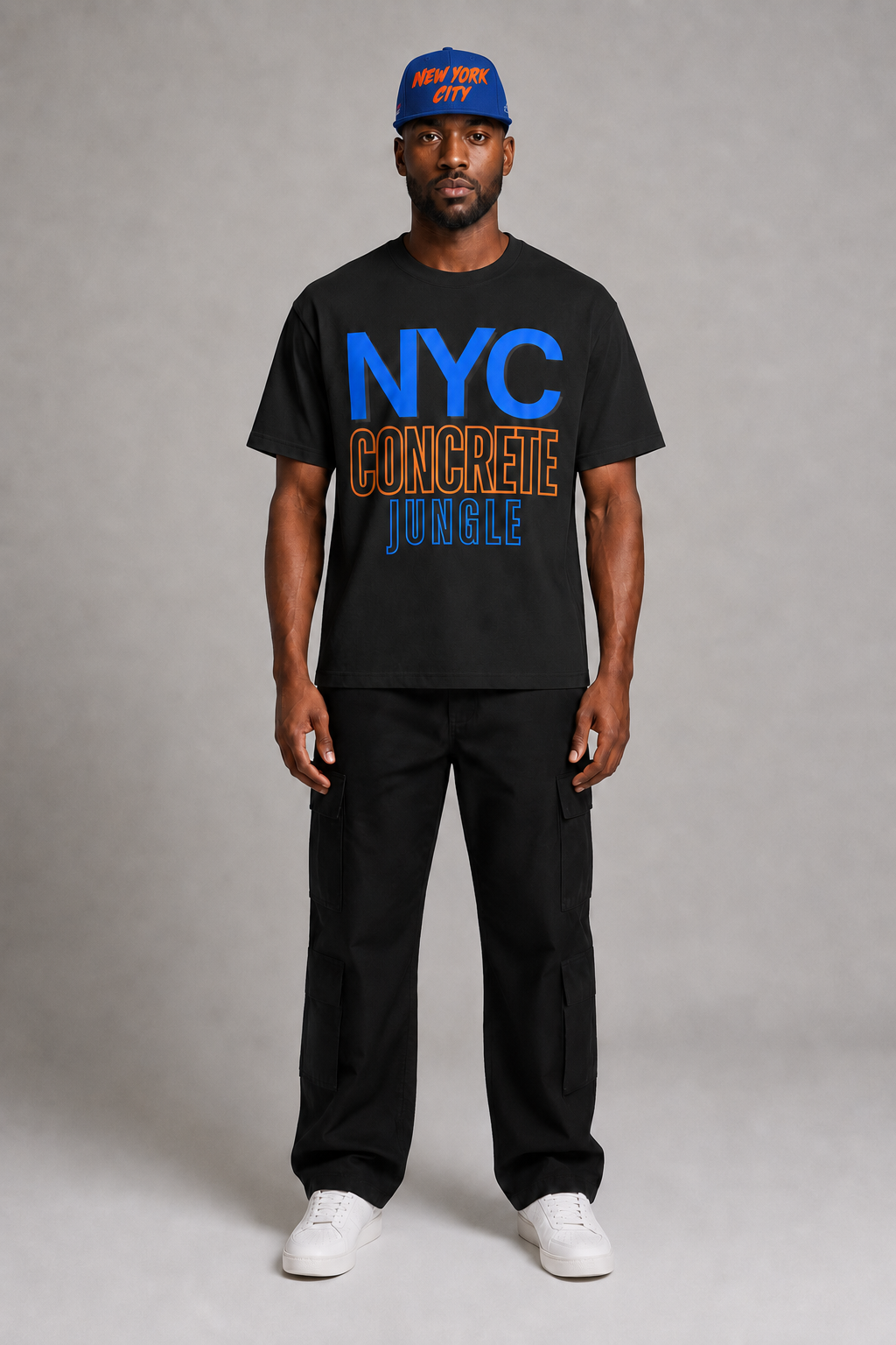 NYC Concrete Jungle Royal Blue Embroidered Snapback Hat — full-body New York City streetwear model wearing royal blue snapback with orange-red NEW YORK CITY embroidery | City 2 City Wear