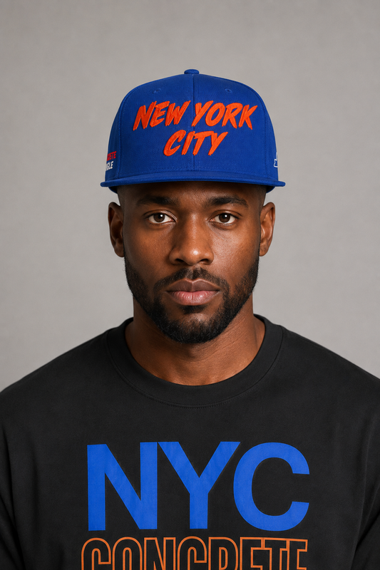 NYC Concrete Jungle Royal Blue Embroidered Snapback Hat — close-up New York City model portrait showing orange-red NEW YORK CITY front embroidery and royal blue structured flat brim | City 2 City Wear