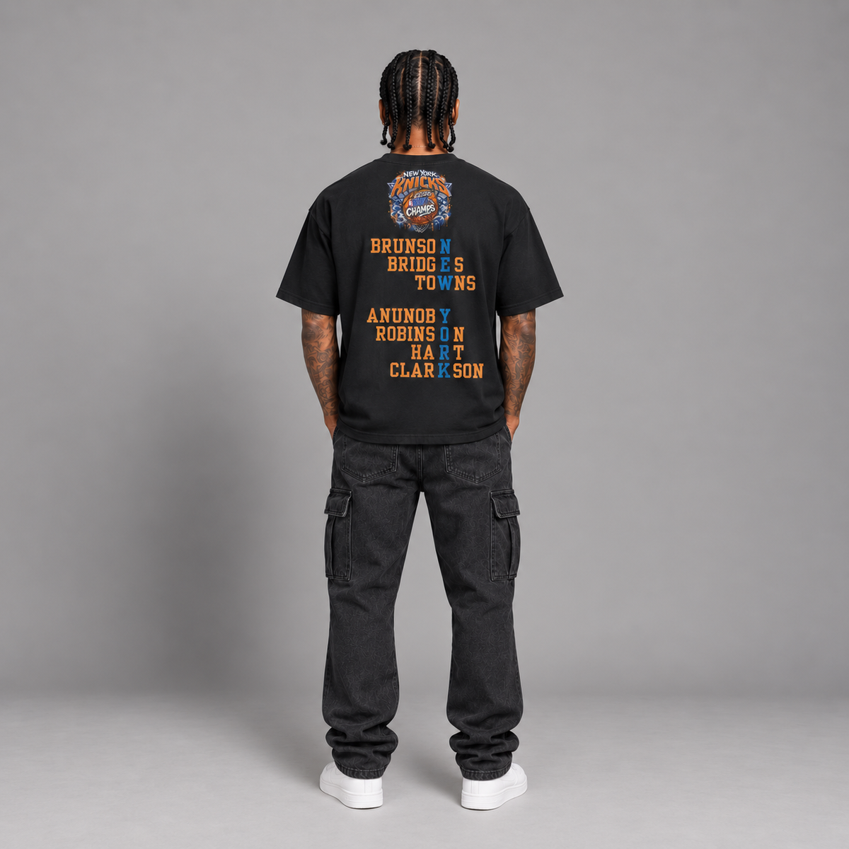 NYK 2026 Champs New York basketball 240 GSM boxy T-shirt in Black on male model - full-body back view