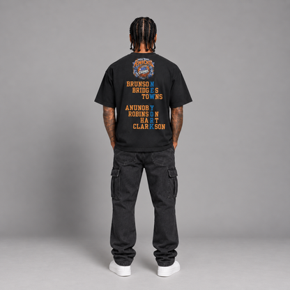 NYK 2026 Champs New York basketball 240 GSM boxy T-shirt in Black on male model - full-body back view