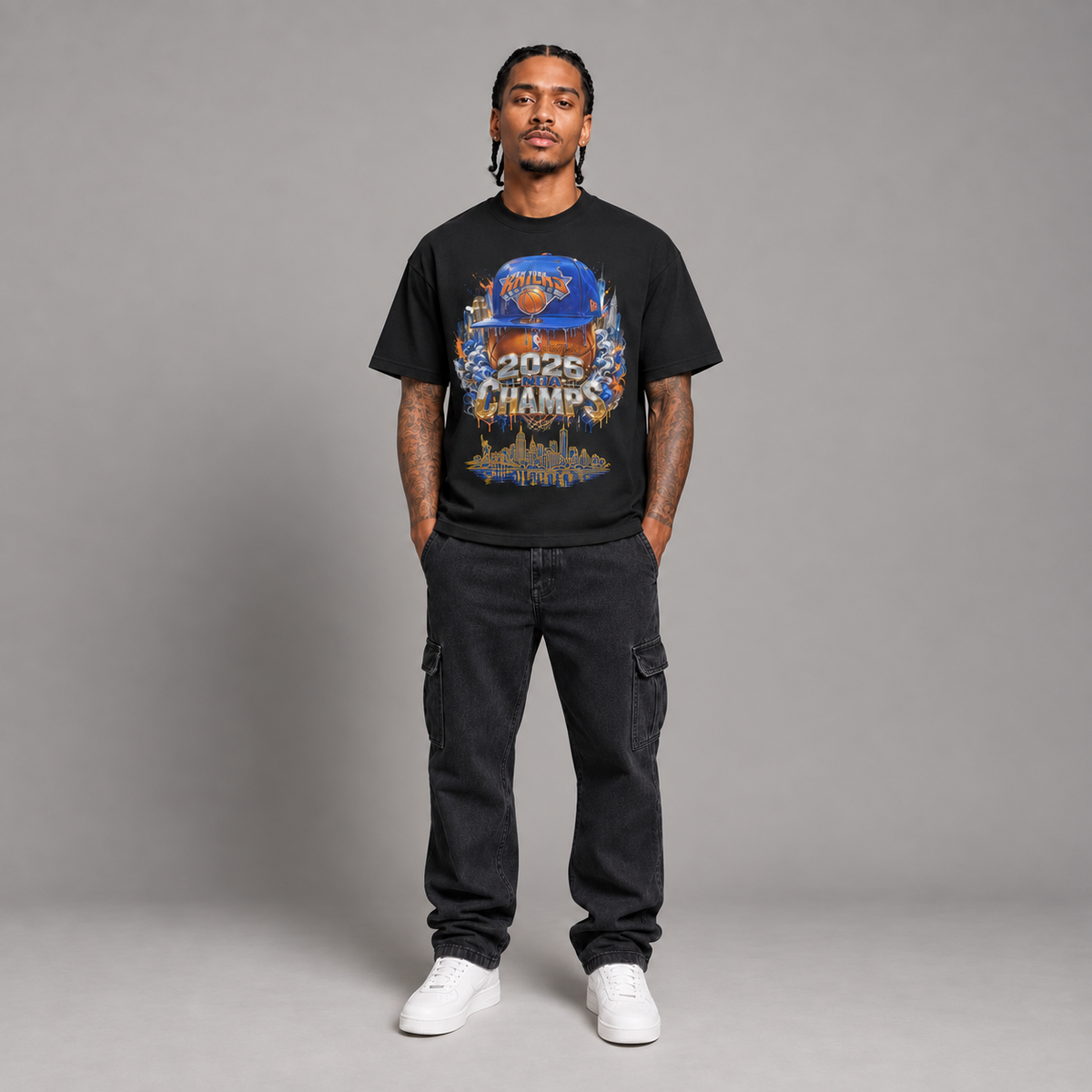 NYK 2026 Champs New York basketball 240 GSM boxy T-shirt in Black on male model - full-body front view