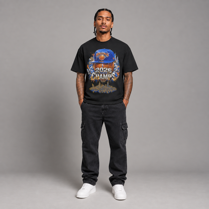 NYK 2026 Champs New York basketball 240 GSM boxy T-shirt in Black on male model - full-body front view