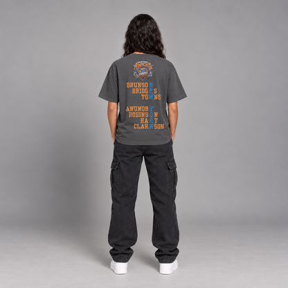 NYK 2026 Champs New York basketball 240 GSM boxy T-shirt in Graphite Gray on female model - full-body back view