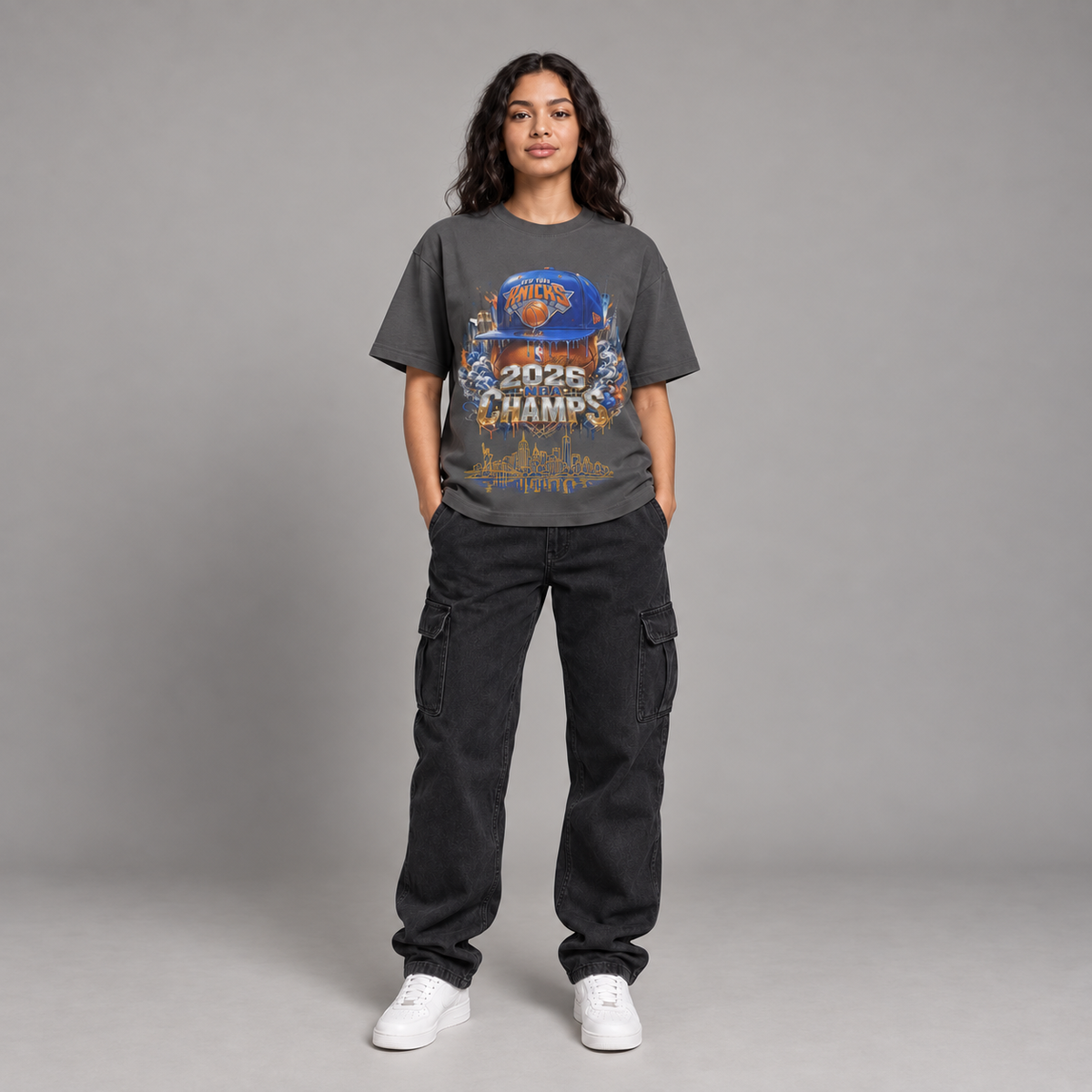NYK 2026 Champs New York basketball 240 GSM boxy T-shirt in Graphite Gray on female model - full-body front view