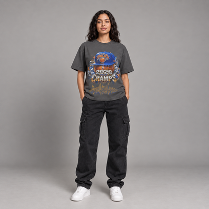 NYK 2026 Champs New York basketball 240 GSM boxy T-shirt in Graphite Gray on female model - full-body front view