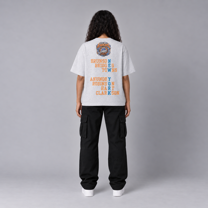 NYK 2026 Champs New York basketball 240 GSM boxy T-shirt in Heather Gray on female model - full-body back view