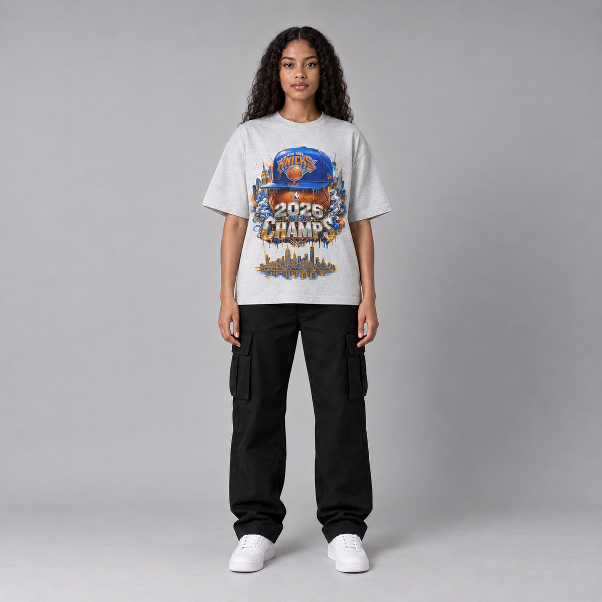 NYK 2026 Champs New York basketball 240 GSM boxy T-shirt in Heather Gray on female model - full-body front view