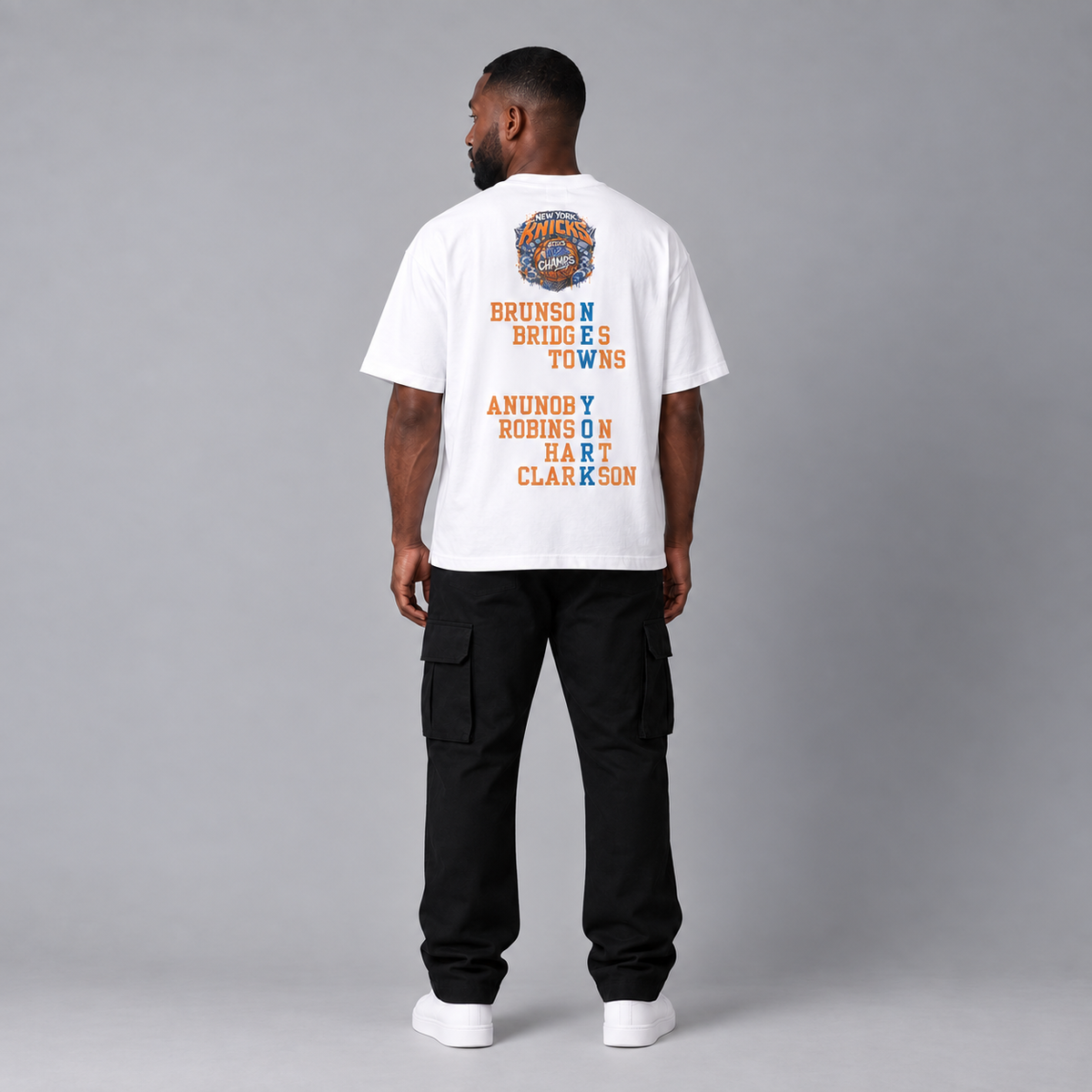 NYK 2026 Champs New York basketball 240 GSM boxy T-shirt in White on male model - full-body back view
