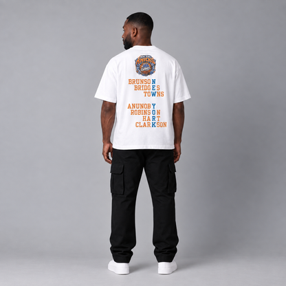 NYK 2026 Champs New York basketball 240 GSM boxy T-shirt in White on male model - full-body back view
