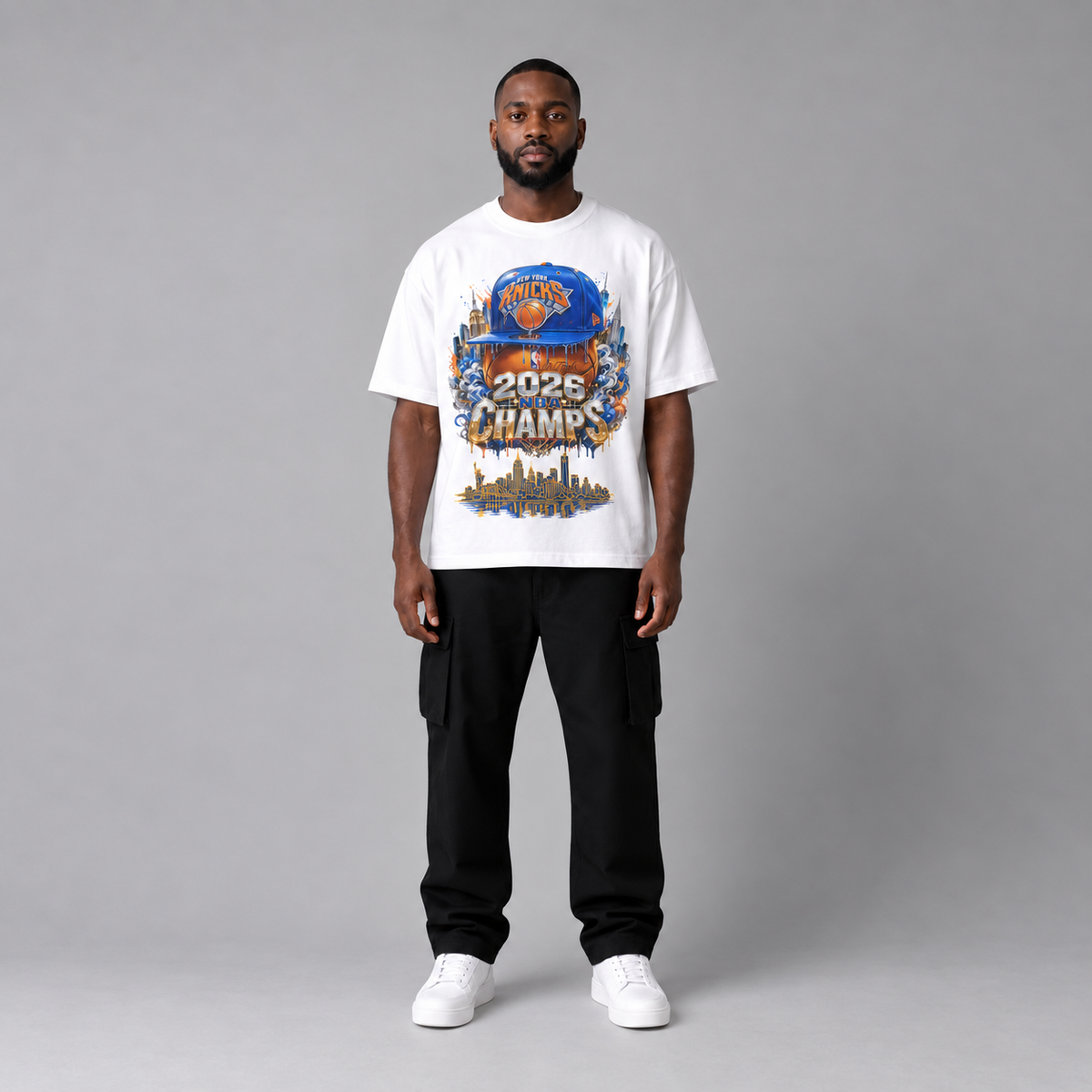 NYK 2026 Champs New York basketball 240 GSM boxy T-shirt in White on male model - full-body front view
