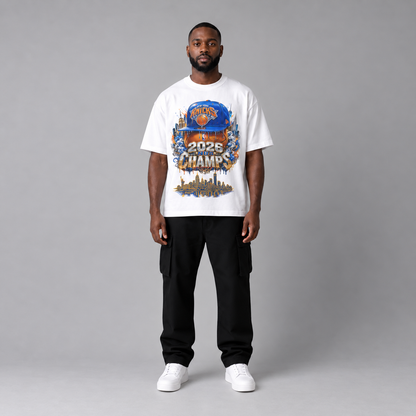 NYK 2026 Champs New York basketball 240 GSM boxy T-shirt in White on male model - full-body front view