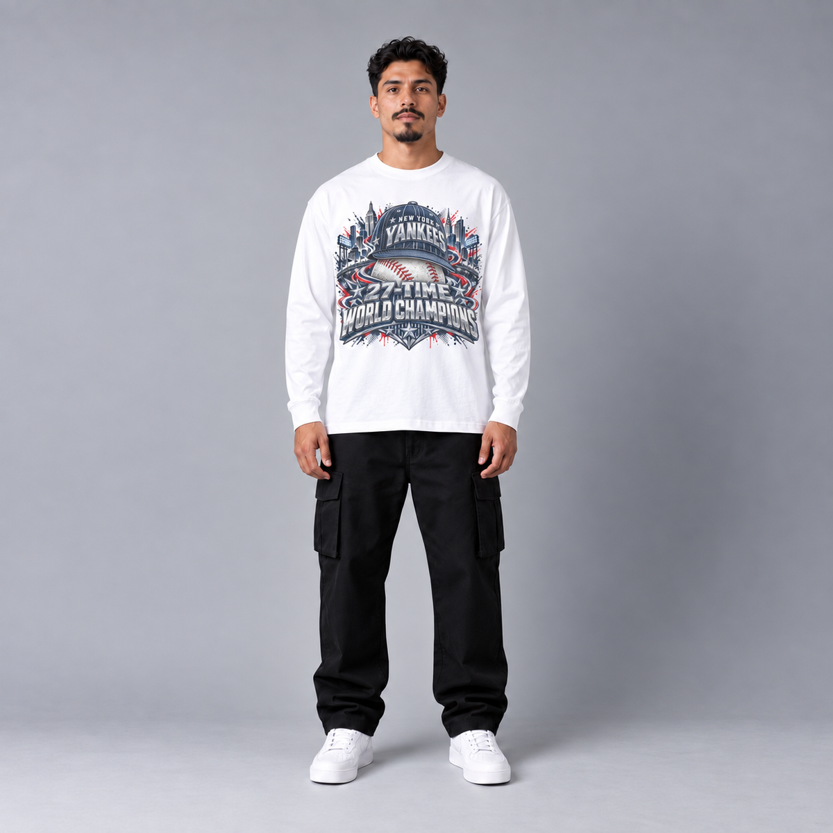 NYY City Champions white long sleeve T-shirt front view full-body model | City 2 City Wear