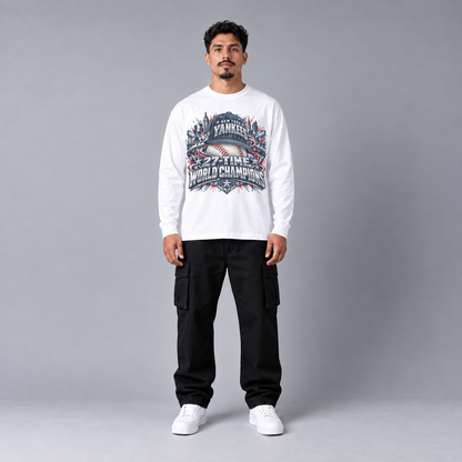 NYY City Champions white long sleeve T-shirt front view full-body model | City 2 City Wear