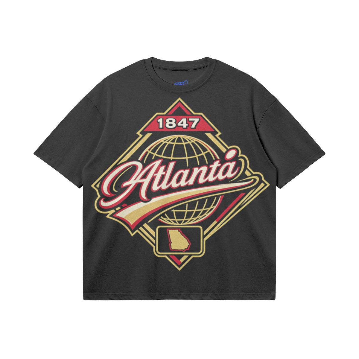 Black heavyweight boxy T-shirt featuring an oversized Atlanta 1847 heritage graphic with a Georgia outline.