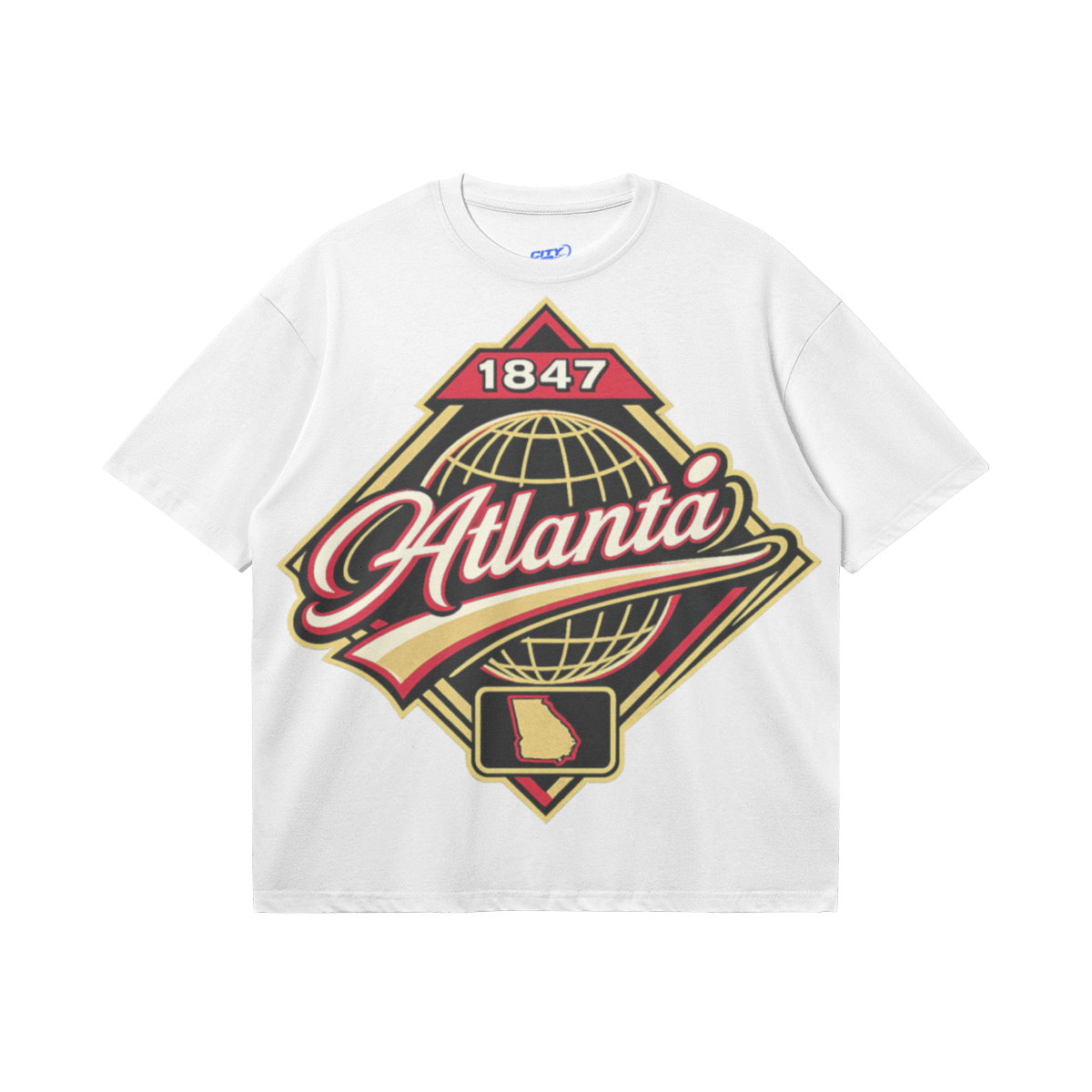 White heavyweight boxy T-shirt featuring an oversized Atlanta 1847 graphic in red, black, gold, and cream.