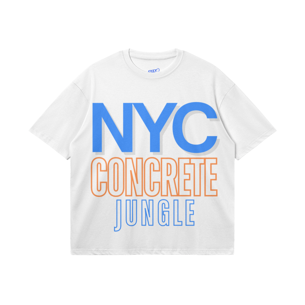 White heavyweight boxy T-shirt featuring oversized royal-blue NYC lettering with a gray shadow, orange CONCRETE typography, and an outlined blue JUNGLE design.