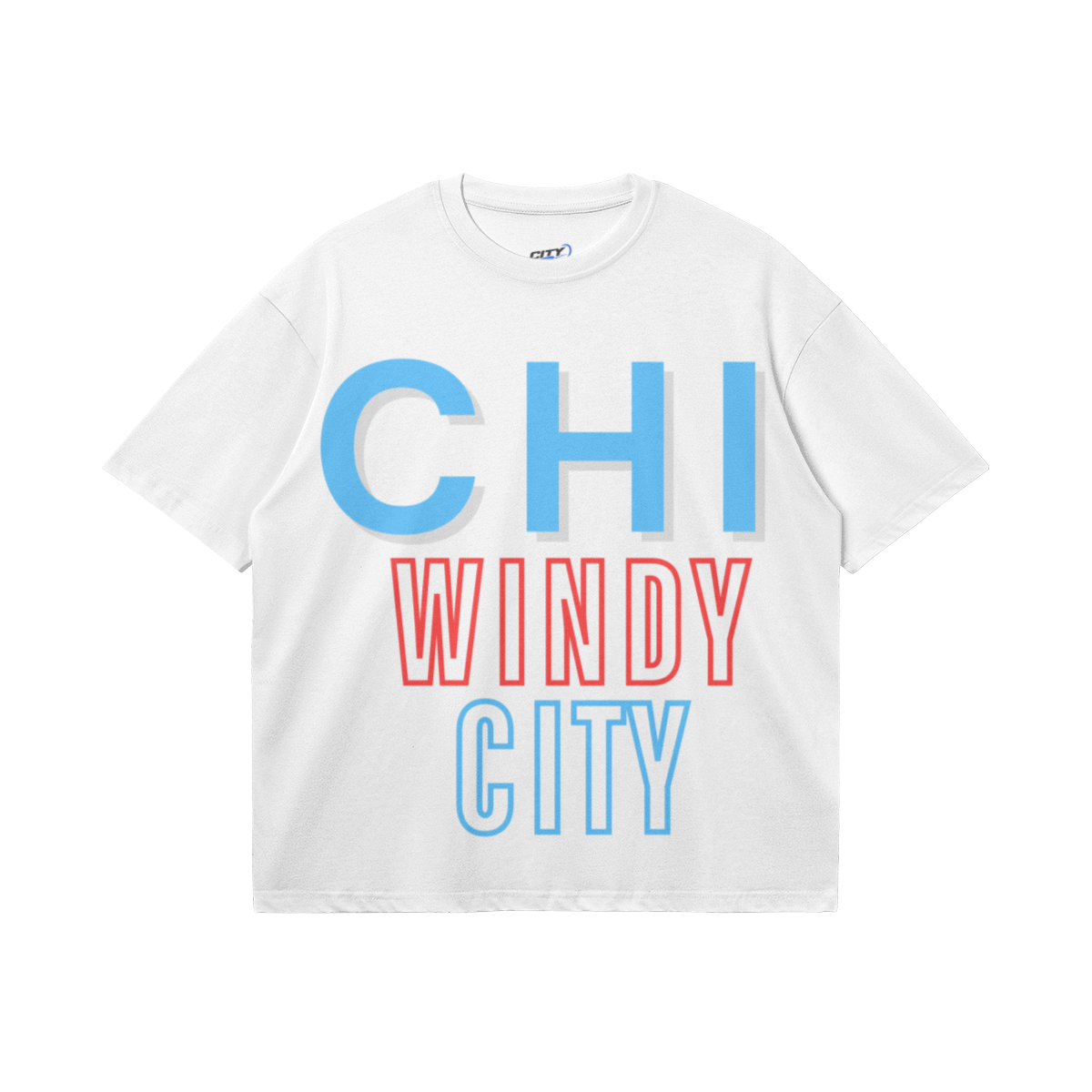 White heavyweight boxy T-shirt featuring oversized light-blue CHI lettering, red WINDY typography, and an outlined light-blue CITY design.