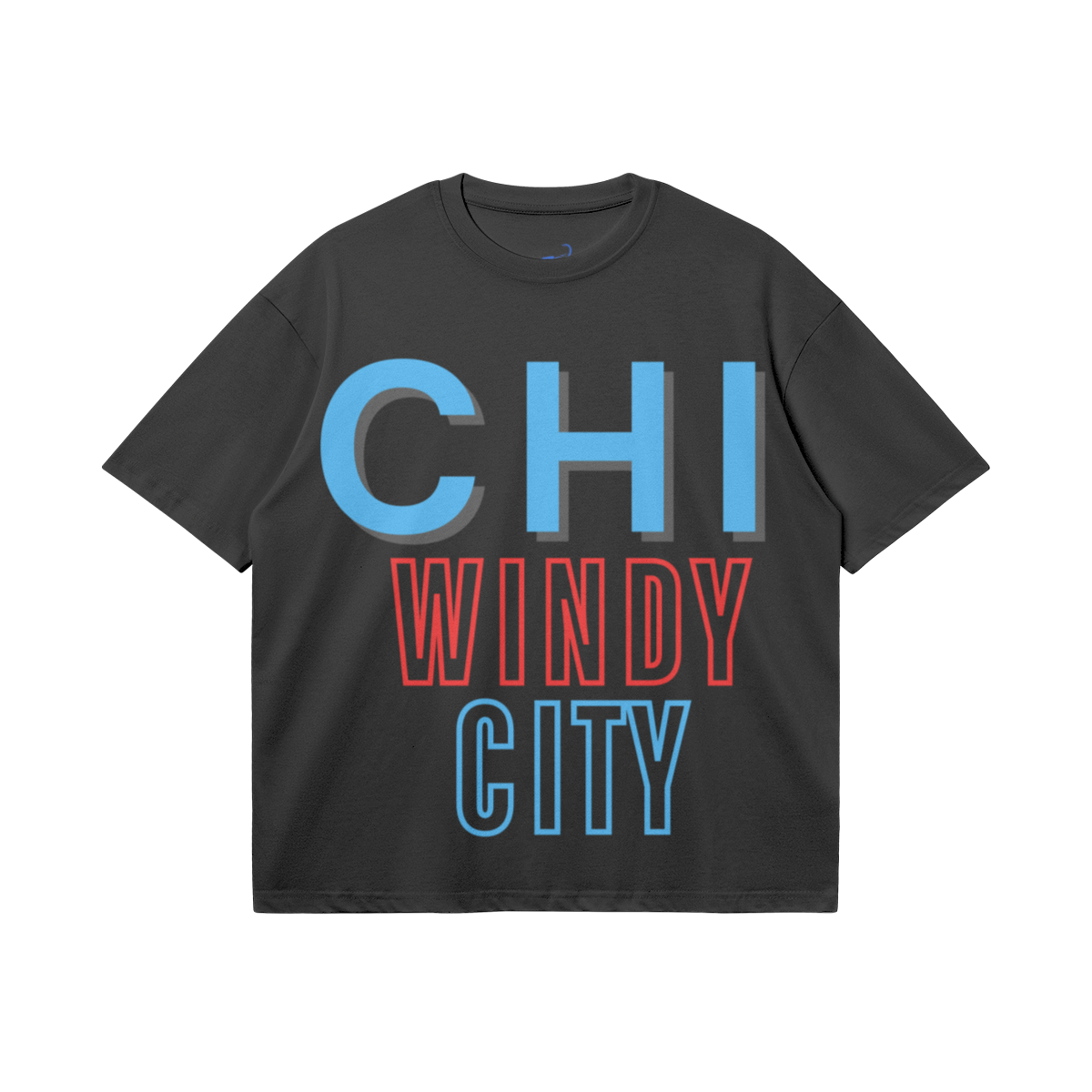 Black heavyweight boxy T-shirt featuring oversized light-blue CHI lettering with a gray shadow, red WINDY typography, and an outlined light-blue CITY design.