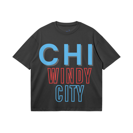 Black heavyweight boxy T-shirt featuring oversized light-blue CHI lettering with a gray shadow, red WINDY typography, and an outlined light-blue CITY design.