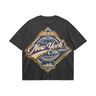 Black NYC 1624 Heritage 240 GSM heavyweight boxy T-shirt with navy orange gold and cream New York graphic