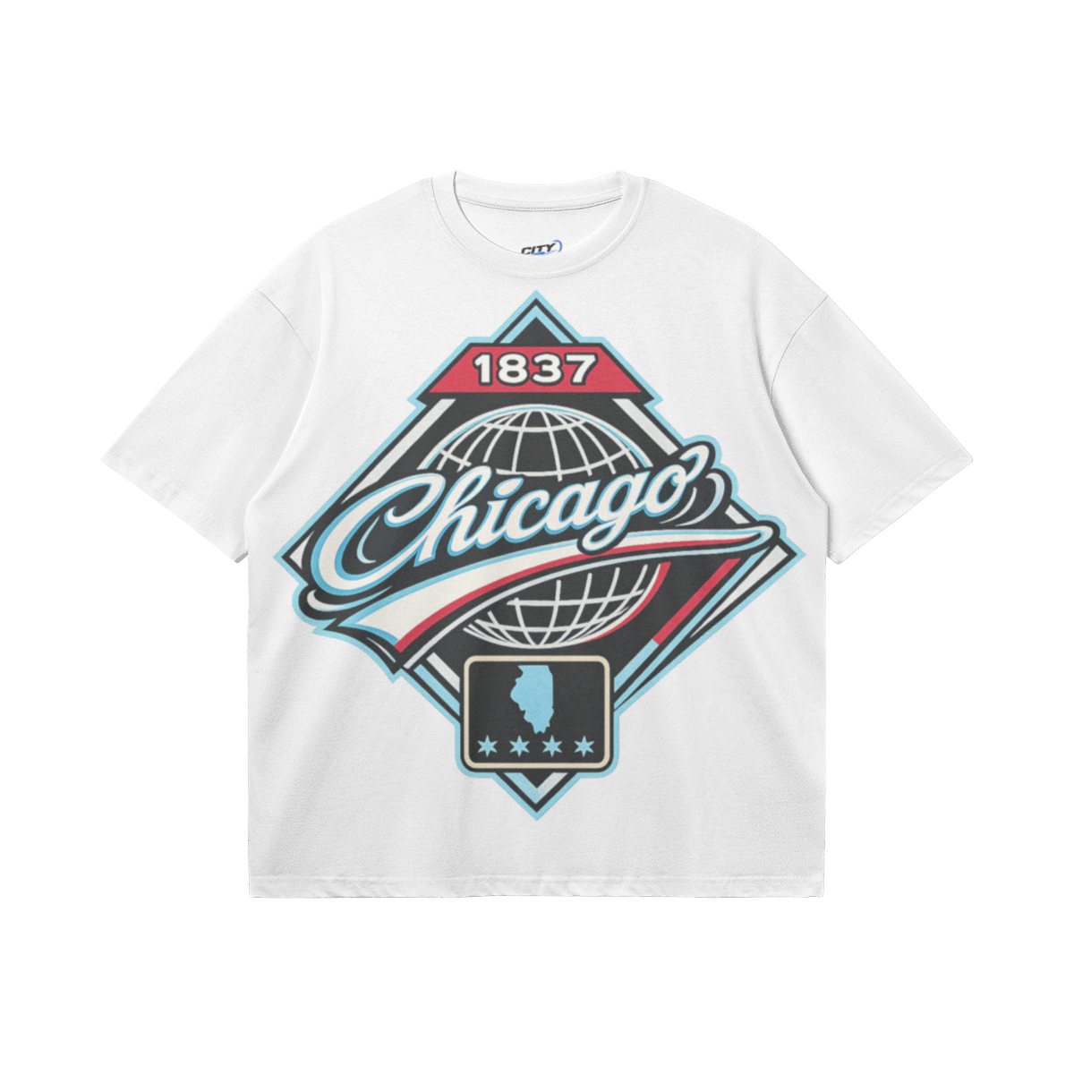 White heavyweight boxy T-shirt featuring an oversized Chicago 1837 heritage graphic with an Illinois outline and four stars.