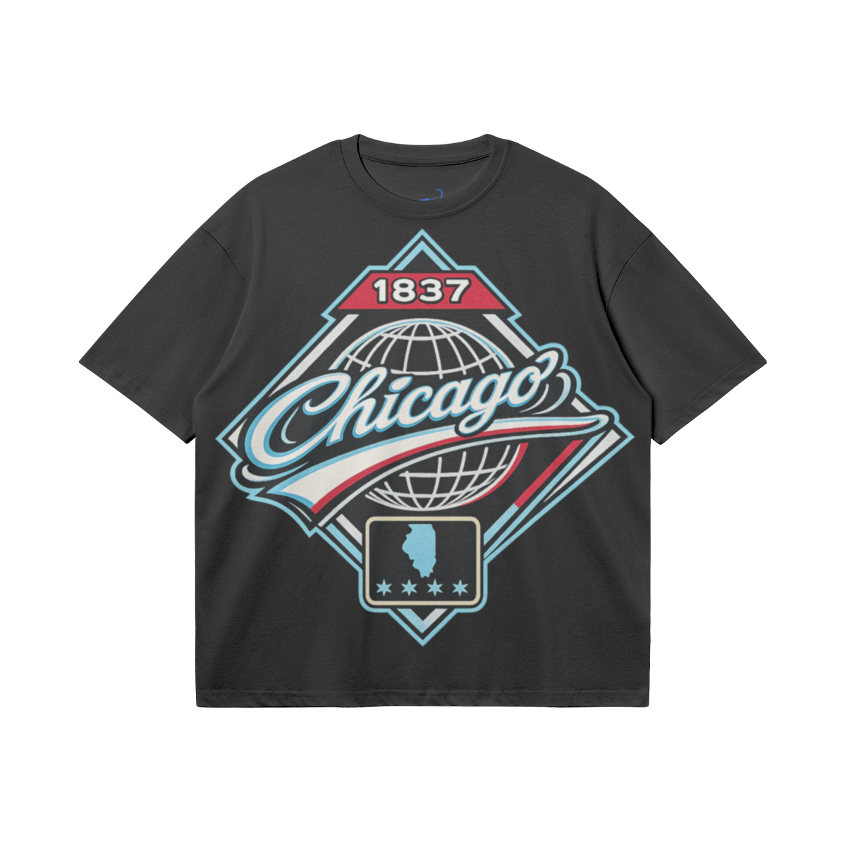 Black heavyweight boxy T-shirt featuring Chicago 1837 artwork in light blue, red, black, white, and cream.