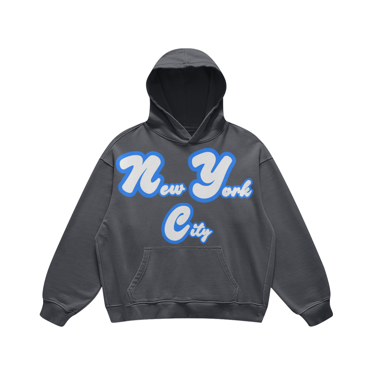 Front view of a washed-charcoal oversized hoodie featuring a white New York City graphic with a royal-blue outline.-Y9C