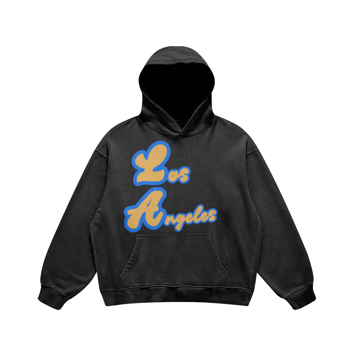 Front view of a washed-black oversized Los Angeles hoodie featuring a gold script graphic outlined in blue.