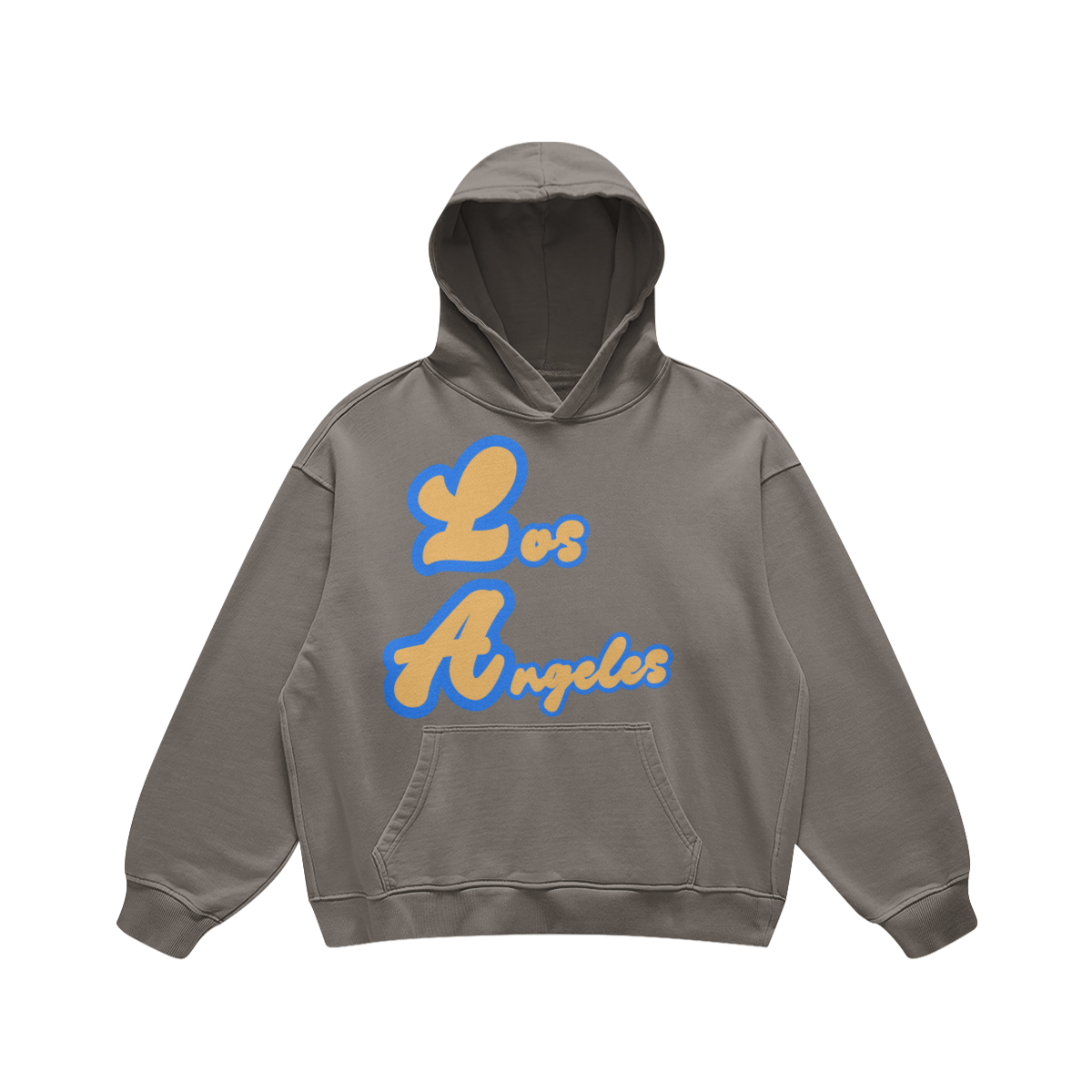 Front view of a washed-gray oversized Los Angeles hoodie featuring dropped shoulders and a kangaroo pocket.