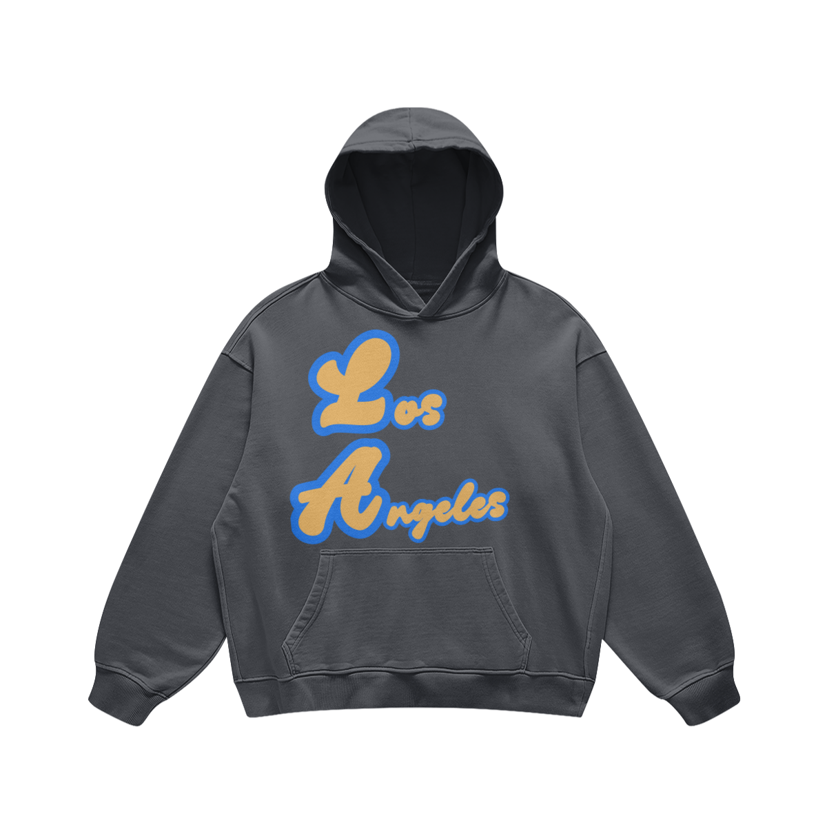 Front view of a washed-charcoal Los Angeles heavyweight hoodie with a gold-and-blue City of Angels design.