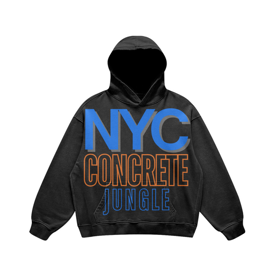 Front view of a washed-black oversized hoodie featuring a blue and orange NYC Concrete Jungle graphic.