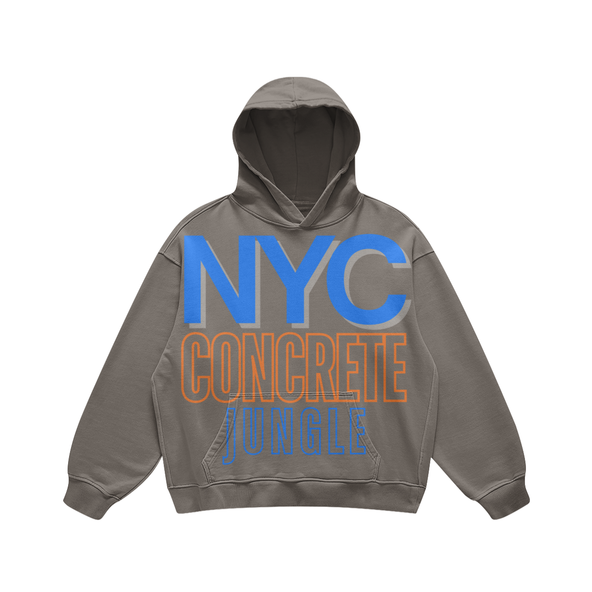 Front view of a washed stone-gray oversized hoodie featuring blue, orange, and gray NYC Concrete Jungle typography.