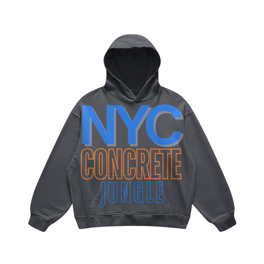 Front view of a washed-charcoal heavyweight NYC Concrete Jungle hoodie with blue NYC and orange outlined lettering.