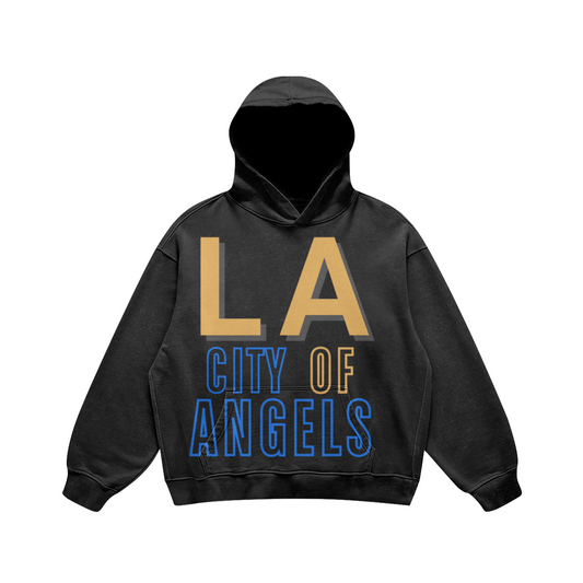 Front view of a washed-black oversized hoodie featuring a gold and blue LA City of Angels graphic.