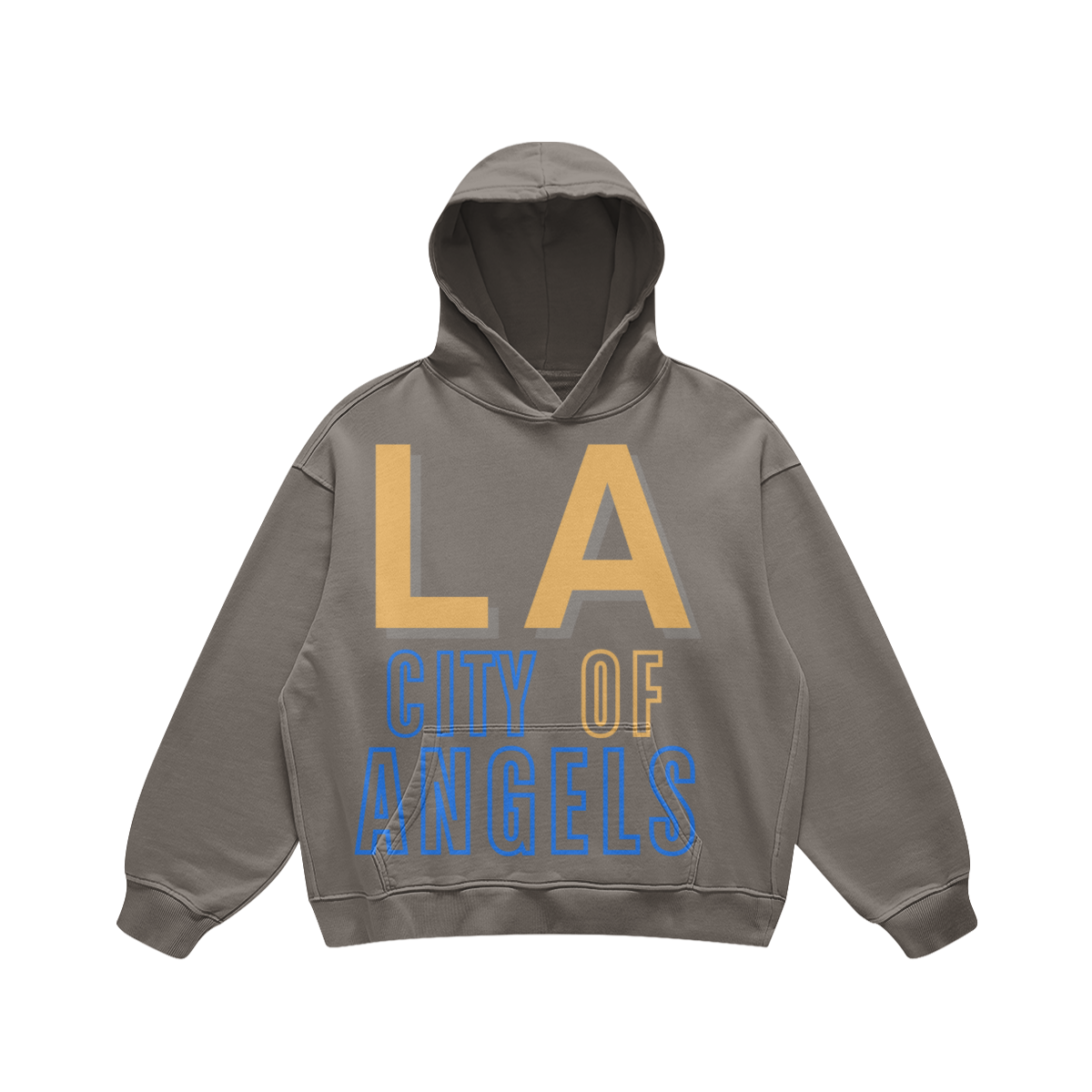 Front view of a washed-gray oversized hoodie featuring a gold and blue LA City of Angels design.