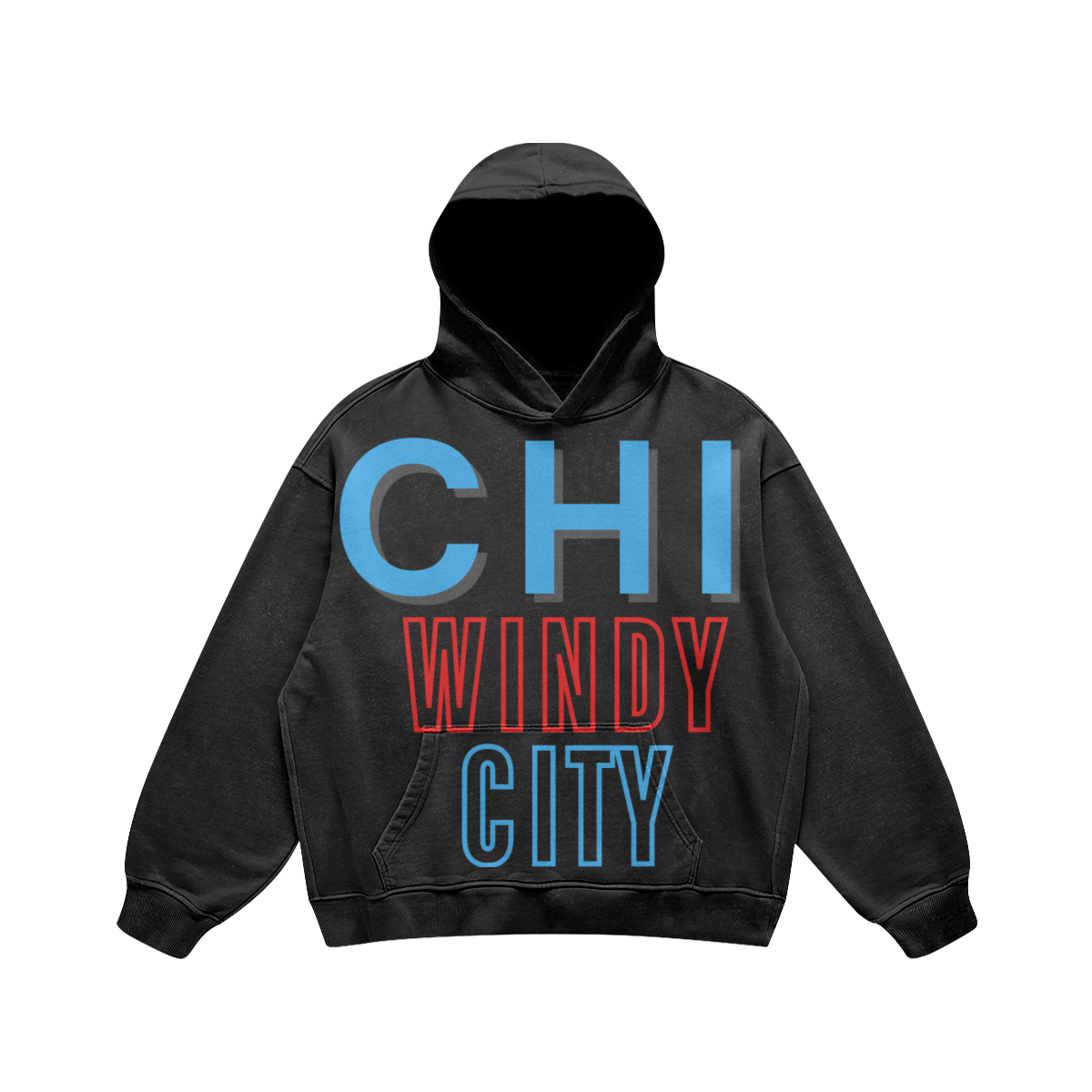 Front view of a washed-black oversized Chicago hoodie featuring a sky-blue and red CHI WINDY CITY graphic.
