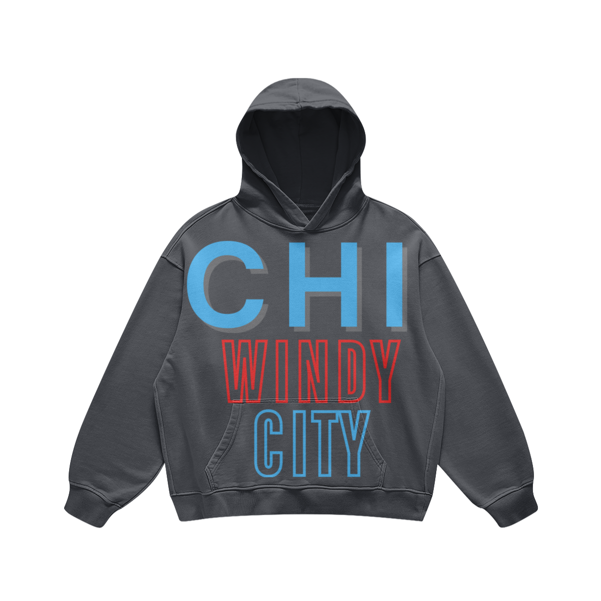 Front view of a washed-charcoal heavyweight Chicago hoodie with an oversized CHI WINDY CITY design and kangaroo pocket.