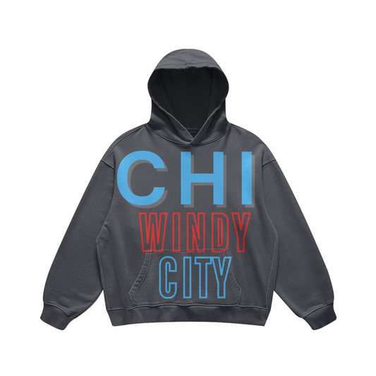 Front view of a washed-charcoal heavyweight Chicago hoodie with an oversized CHI WINDY CITY design and kangaroo pocket.