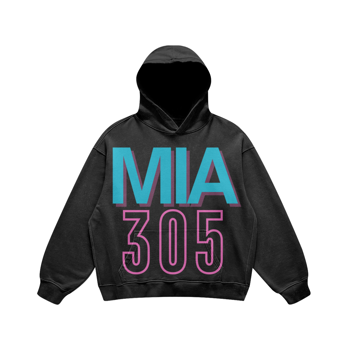Front view of a washed-black oversized Miami MIA 305 hoodie featuring an aqua and pink graphic.
